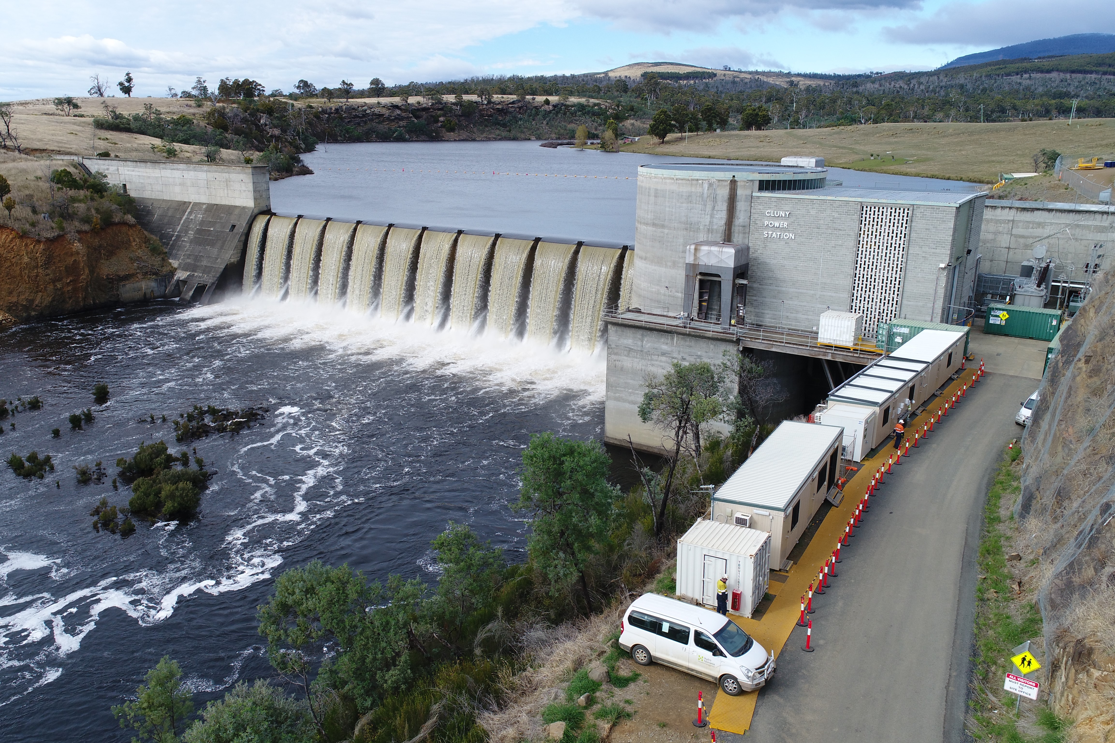 Aerial view of Cluny dam and power station